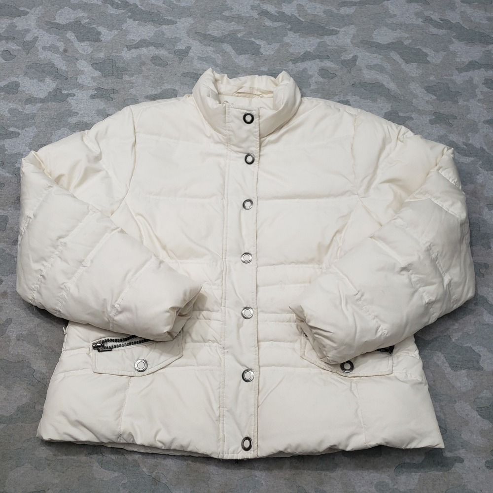 Eddie Bauer Puffer Jacket Womens XL Beige Goose Down Snap Outdoors Hiking Travel